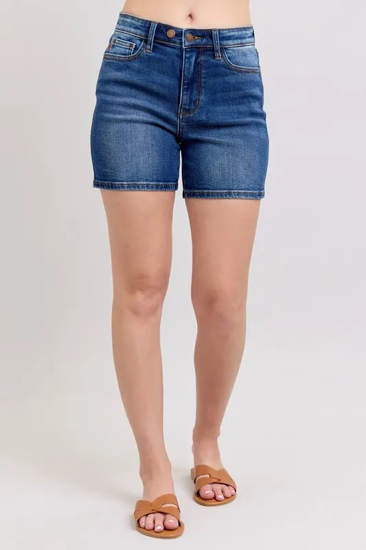 Judy Blue Full Size 2 Button Mid Length Dad Denim Shorts Plus Size-Boohh