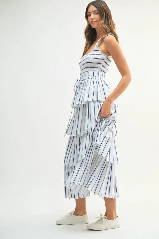 MABLE Pin Stripe Smocked Bodice Layered Midi Dress-Boohh