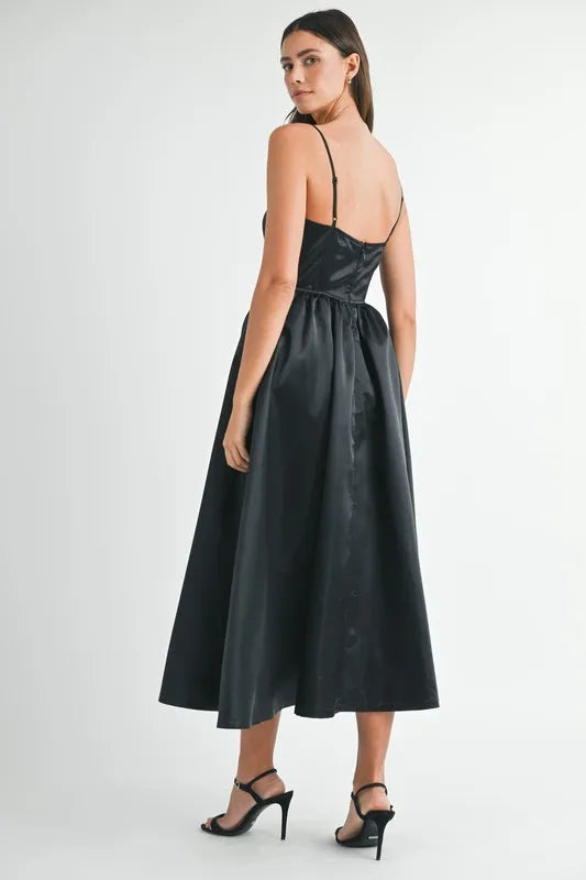 MABLE Solid Taffeta Spaghetti Strap Bustier Midi Dress-Boohh