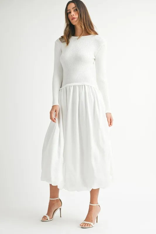 MABLE Ribbed Poplin Mix Midi Sweater Dress-Boohh