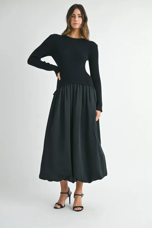 MABLE Ribbed Poplin Mix Midi Sweater Dress-Boohh