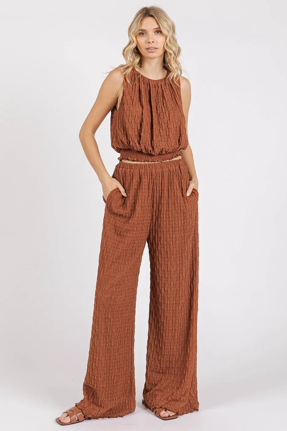 Mittoshop Textured Stretchy Crop Tank and Pants Set-Boohh