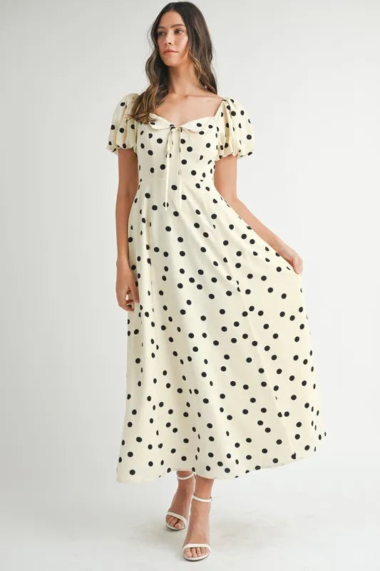 MABLE Polka Dot Puff Sleeve Midi Dress-Boohh
