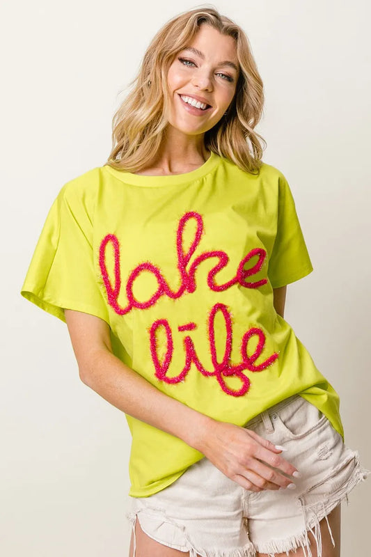 BiBi Metallic Letter Short Dolman Sleeve Top-Boohh