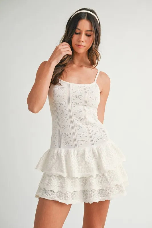 MABLE Bow Pointelle Knit Ruffle Mini Dress-Boohh