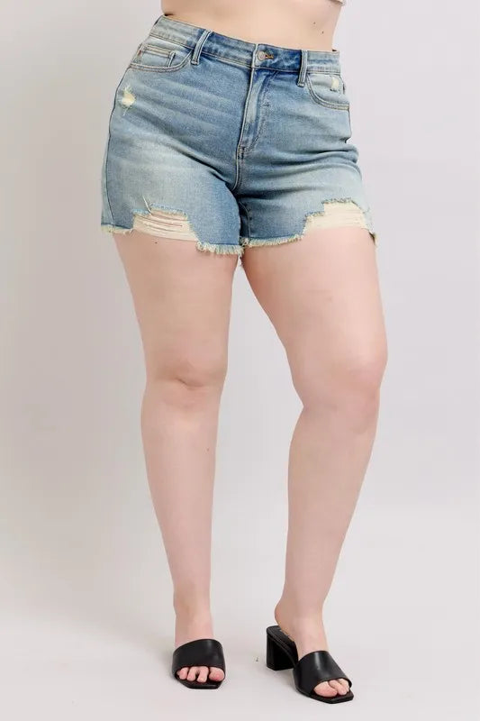 Judy Blue Full Size High Rise Washed Fly Stitch Detail and Destroy Denim Shorts Plus Size-Boohh