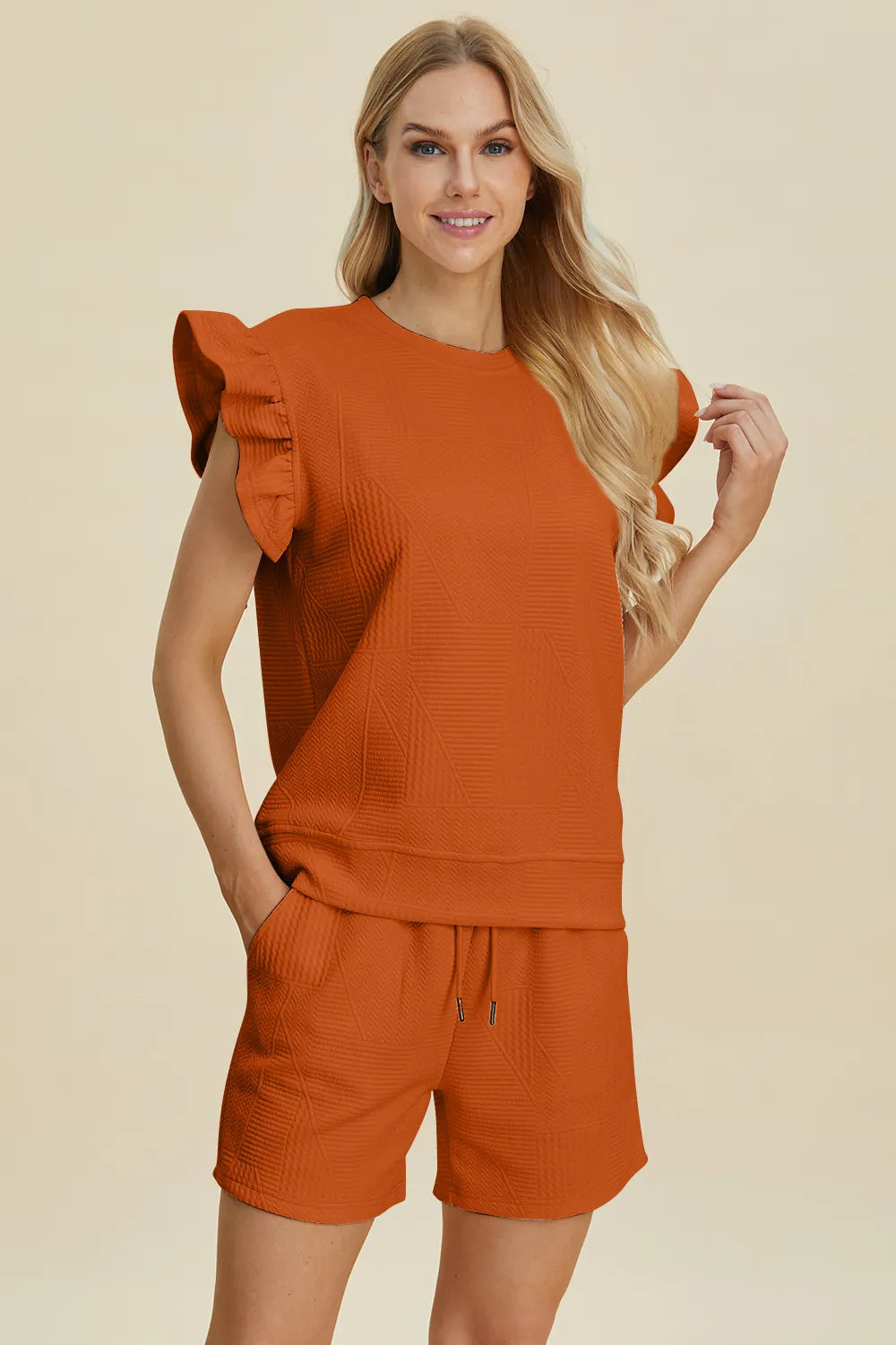 Double Take Full Size Texture Round Neck Ruffle Sleeve Top and Shorts Set-Boohh
