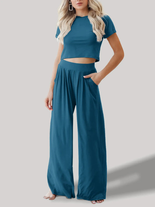 Round Neck Short Sleeve Top and Pants Set-Boohh