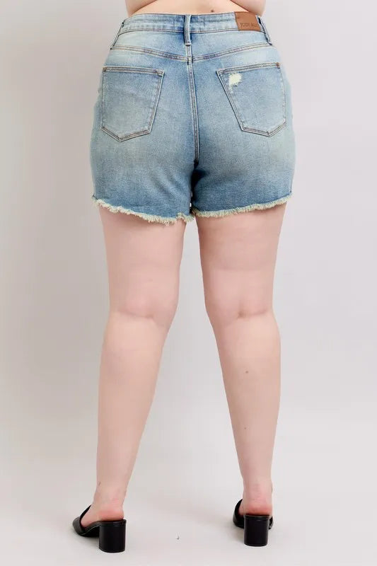 Judy Blue Full Size High Rise Washed Fly Stitch Detail and Destroy Denim Shorts Plus Size-Boohh