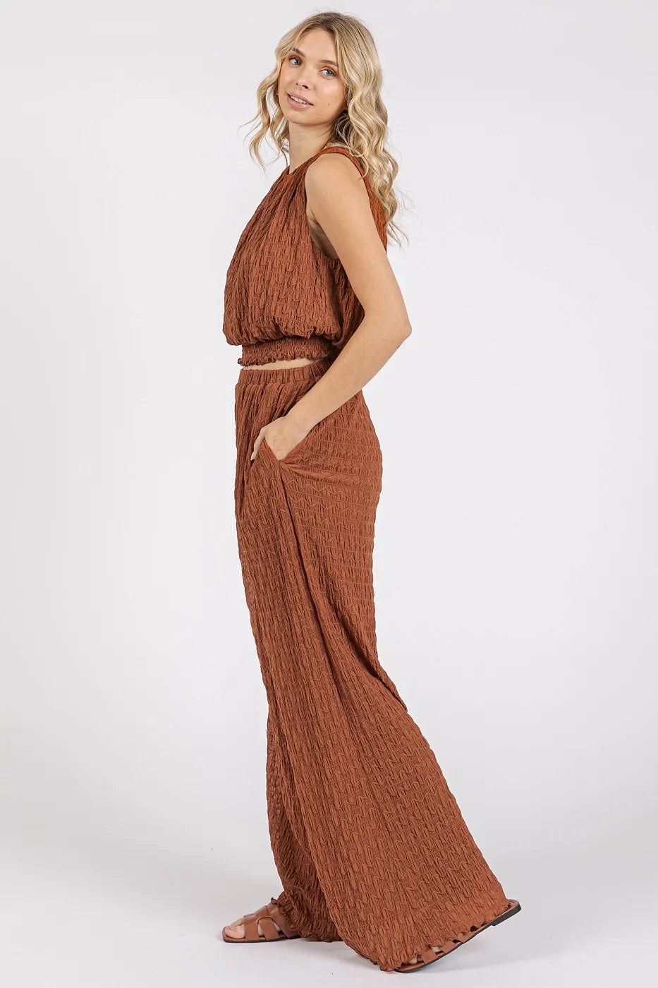 Mittoshop Textured Stretchy Crop Tank and Pants Set-Boohh