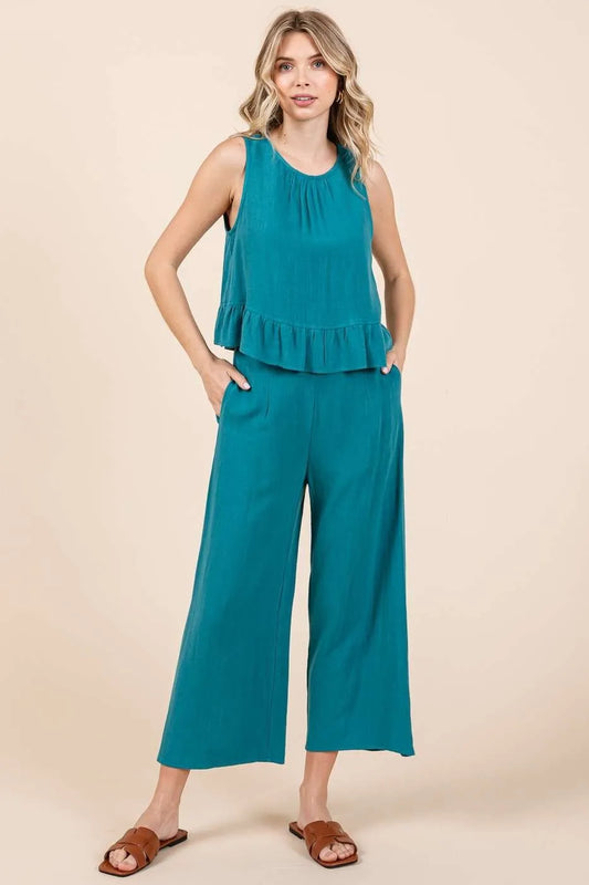 Mittoshop Linen Ruffle Tank Top and Pants Set-Boohh