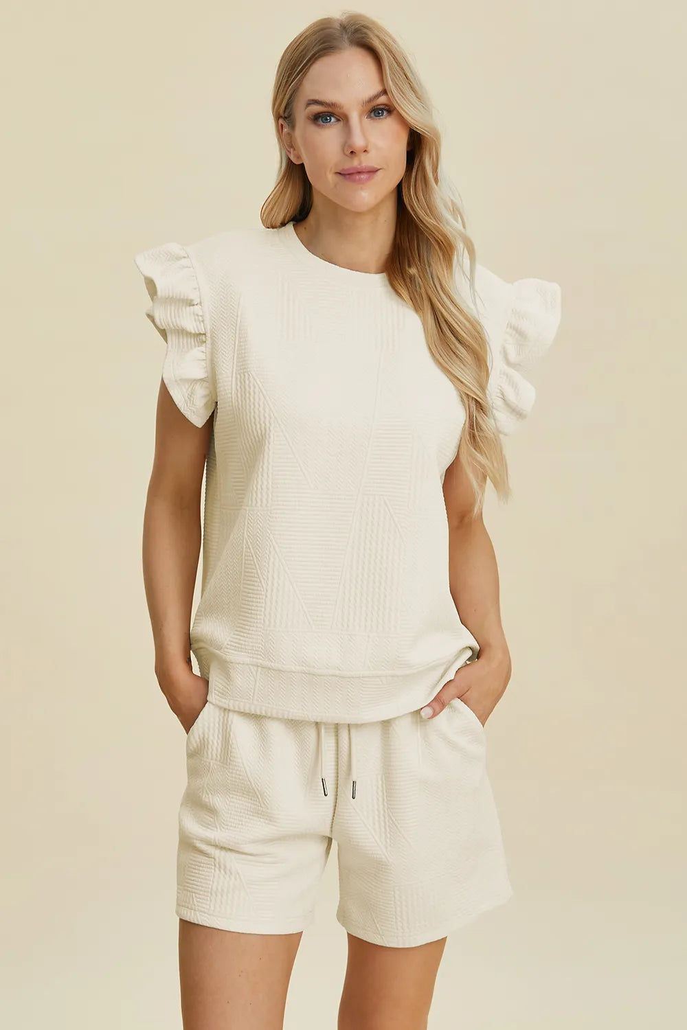 Double Take Full Size Texture Round Neck Ruffle Sleeve Top and Shorts Set-Boohh
