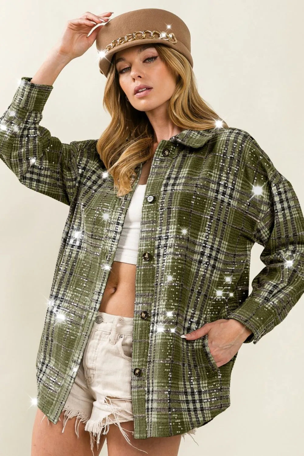 BiBi Allover Clear Sequins Vintage Plaid Jacket-Boohh