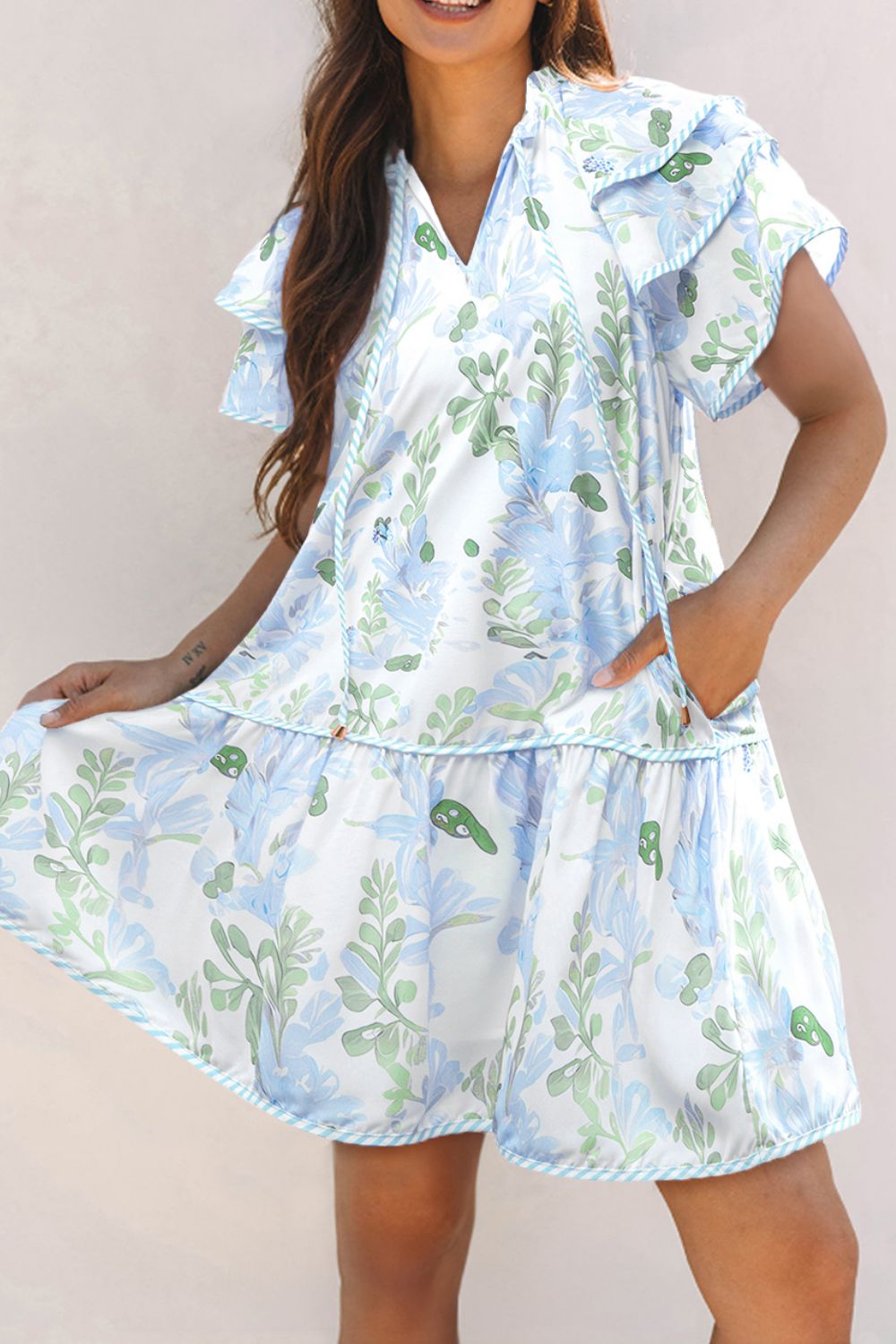 Floral Contrast Edge Layered Short Sleeve Mini Dress-Boohh