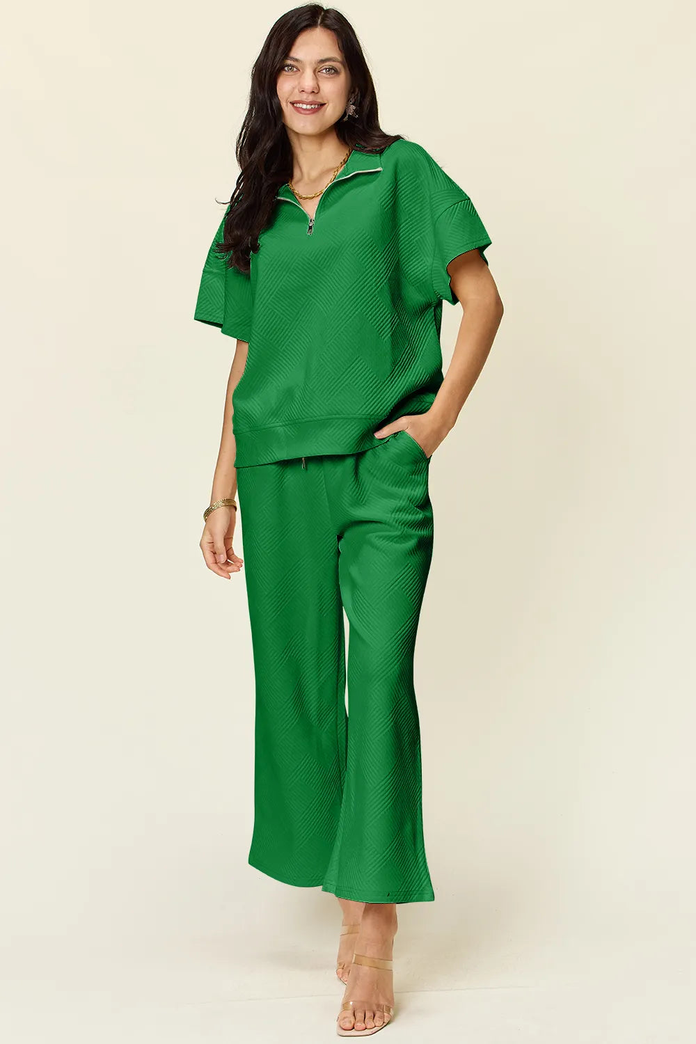 Double Take Full Size Texture Half Zip Short Sleeve Top and Pants Set-Boohh