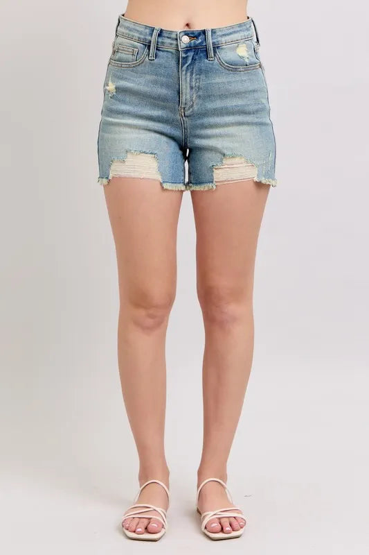 Judy Blue Full Size High Rise Washed Fly Stitch Detail and Destroy Denim Shorts Plus Size-Boohh