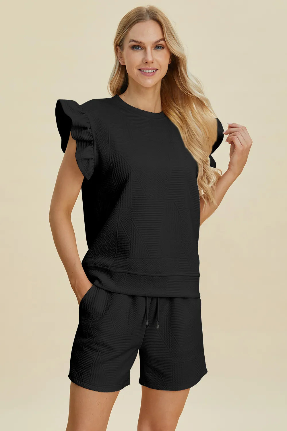 Double Take Full Size Texture Round Neck Ruffle Sleeve Top and Shorts Set-Boohh