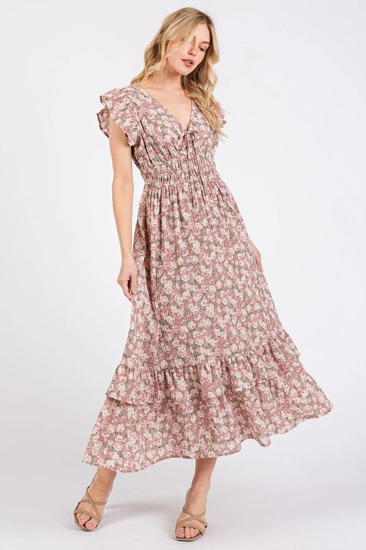 Mittoshop Flower Print Ruffle Cap Sleeve V-neck Midi Dress-Boohh
