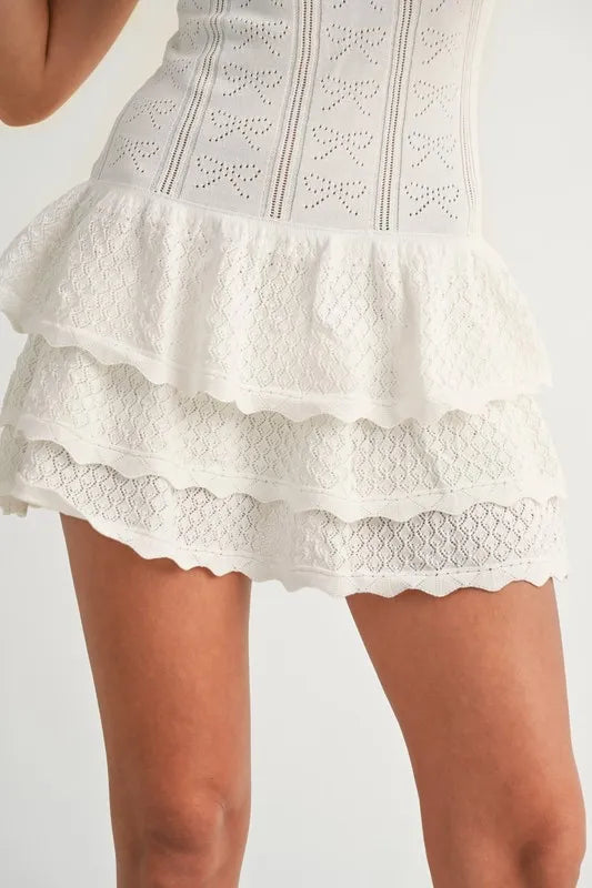 MABLE Bow Pointelle Knit Ruffle Mini Dress-Boohh