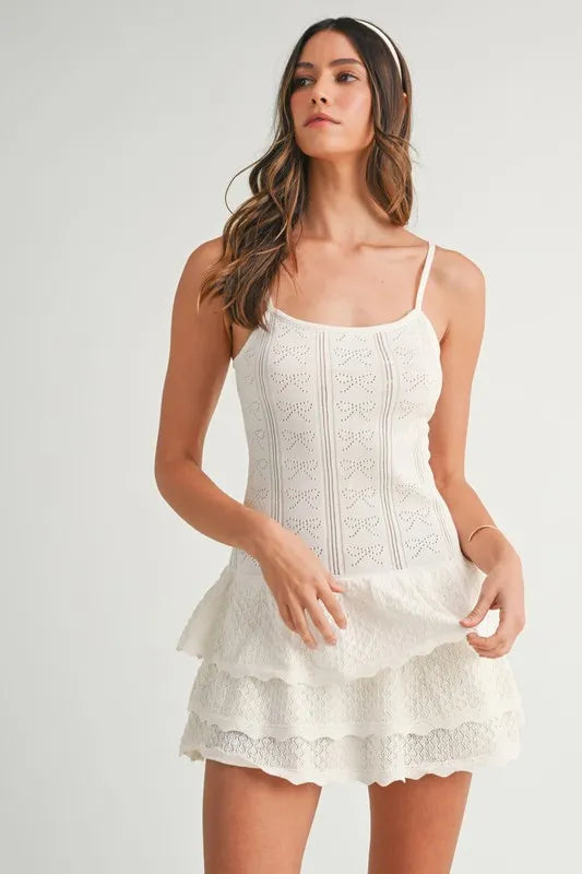 MABLE Bow Pointelle Knit Ruffle Mini Dress-Boohh