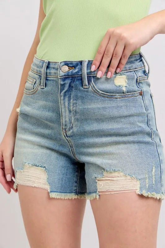 Judy Blue Full Size High Rise Washed Fly Stitch Detail and Destroy Denim Shorts Plus Size-Boohh