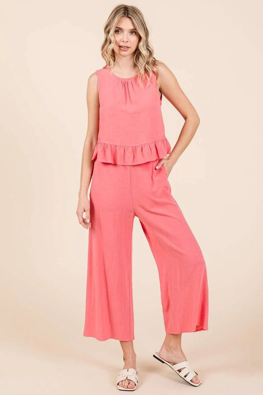 Mittoshop Linen Ruffle Tank Top and Pants Set-Boohh