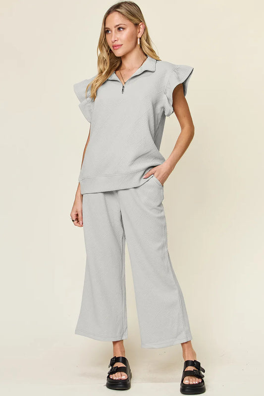Double Take Texture Ruffle Short Sleeve Top and Drawstring Wide Leg Pants Set-Boohh