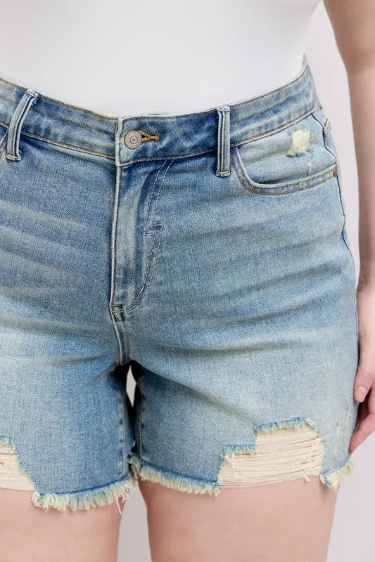 Judy Blue Full Size High Rise Washed Fly Stitch Detail and Destroy Denim Shorts Plus Size-Boohh