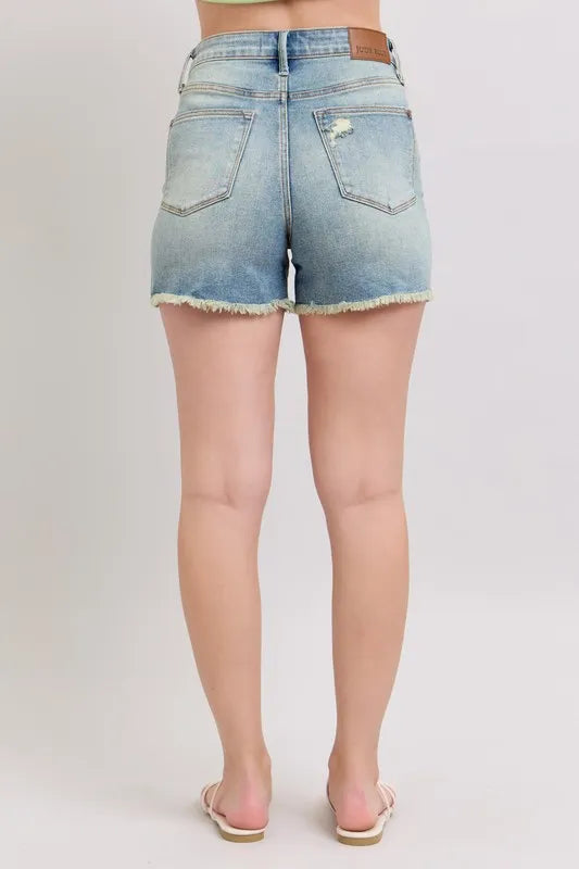 Judy Blue Full Size High Rise Washed Fly Stitch Detail and Destroy Denim Shorts Plus Size-Boohh