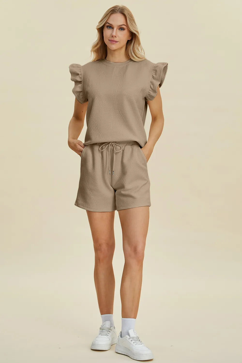 Double Take Full Size Texture Round Neck Ruffle Sleeve Top and Shorts Set-Boohh
