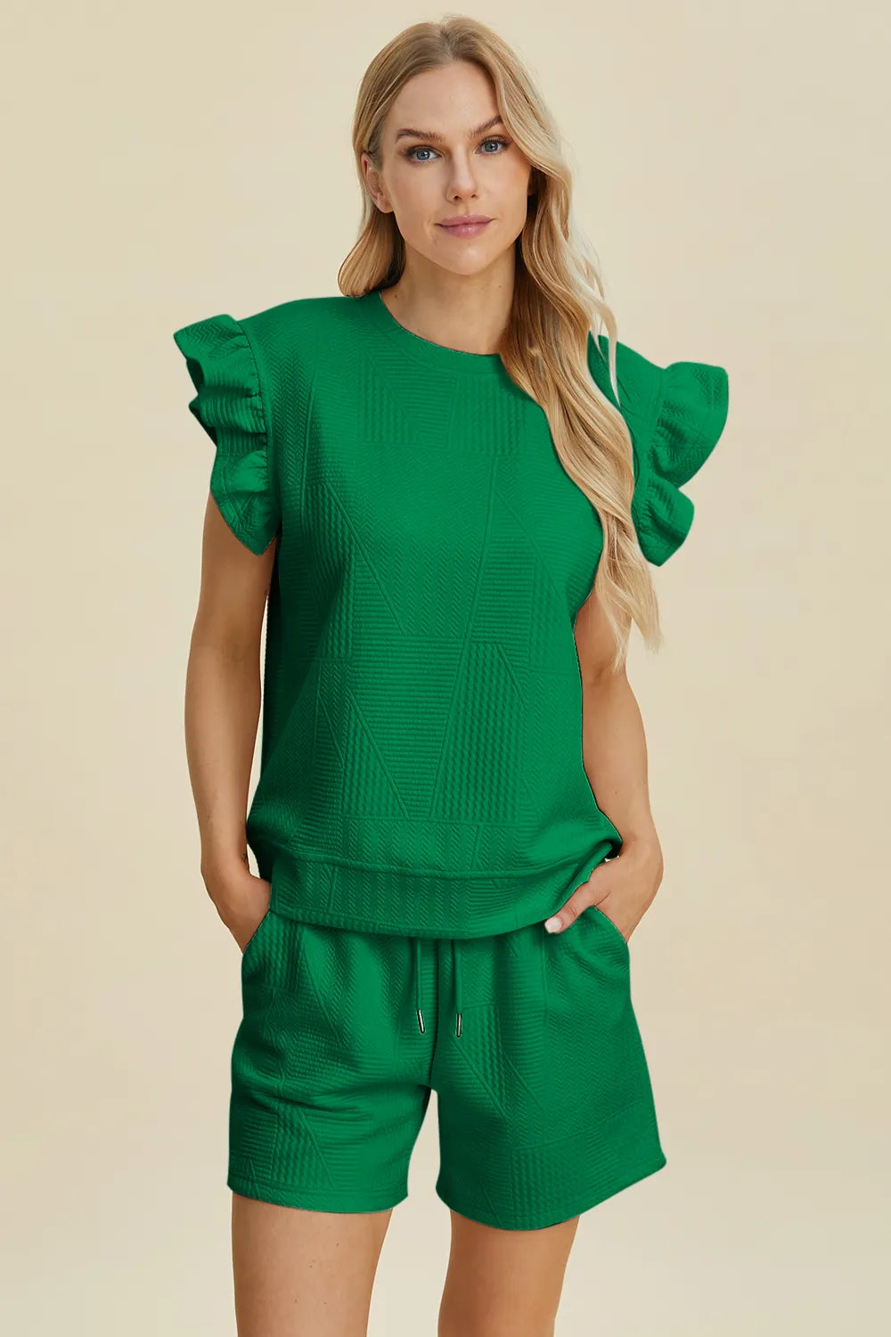 Double Take Full Size Texture Round Neck Ruffle Sleeve Top and Shorts Set-Boohh