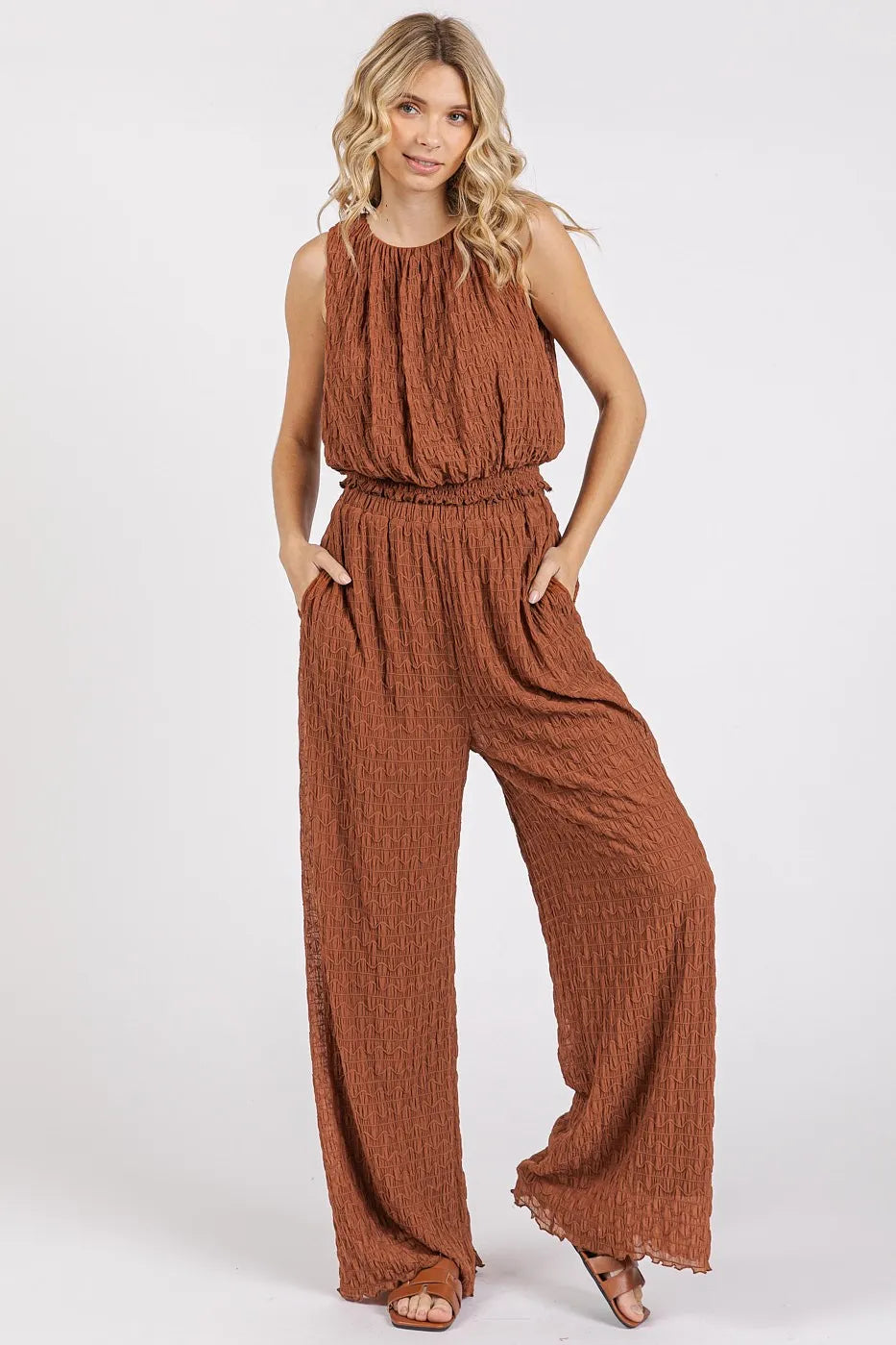 Mittoshop Textured Stretchy Crop Tank and Pants Set-Boohh