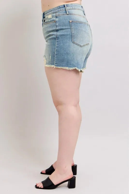 Judy Blue Full Size High Rise Washed Fly Stitch Detail and Destroy Denim Shorts Plus Size-Boohh