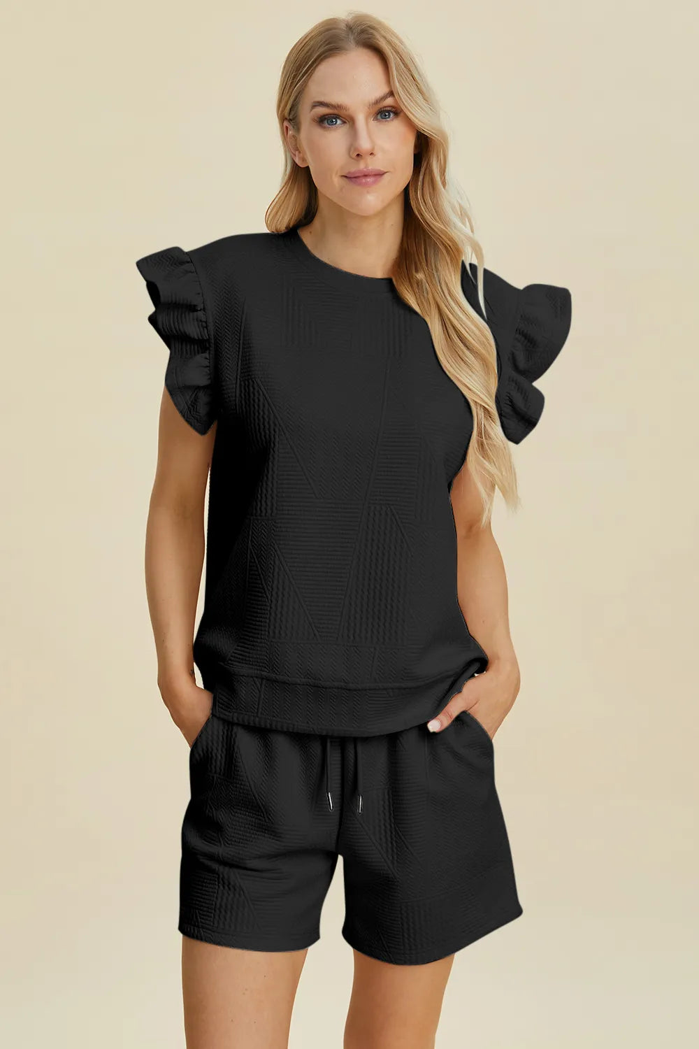 Double Take Full Size Texture Round Neck Ruffle Sleeve Top and Shorts Set-Boohh