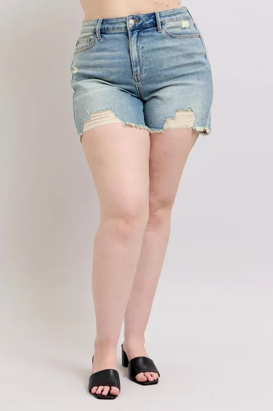 Judy Blue Full Size High Rise Washed Fly Stitch Detail and Destroy Denim Shorts Plus Size-Boohh