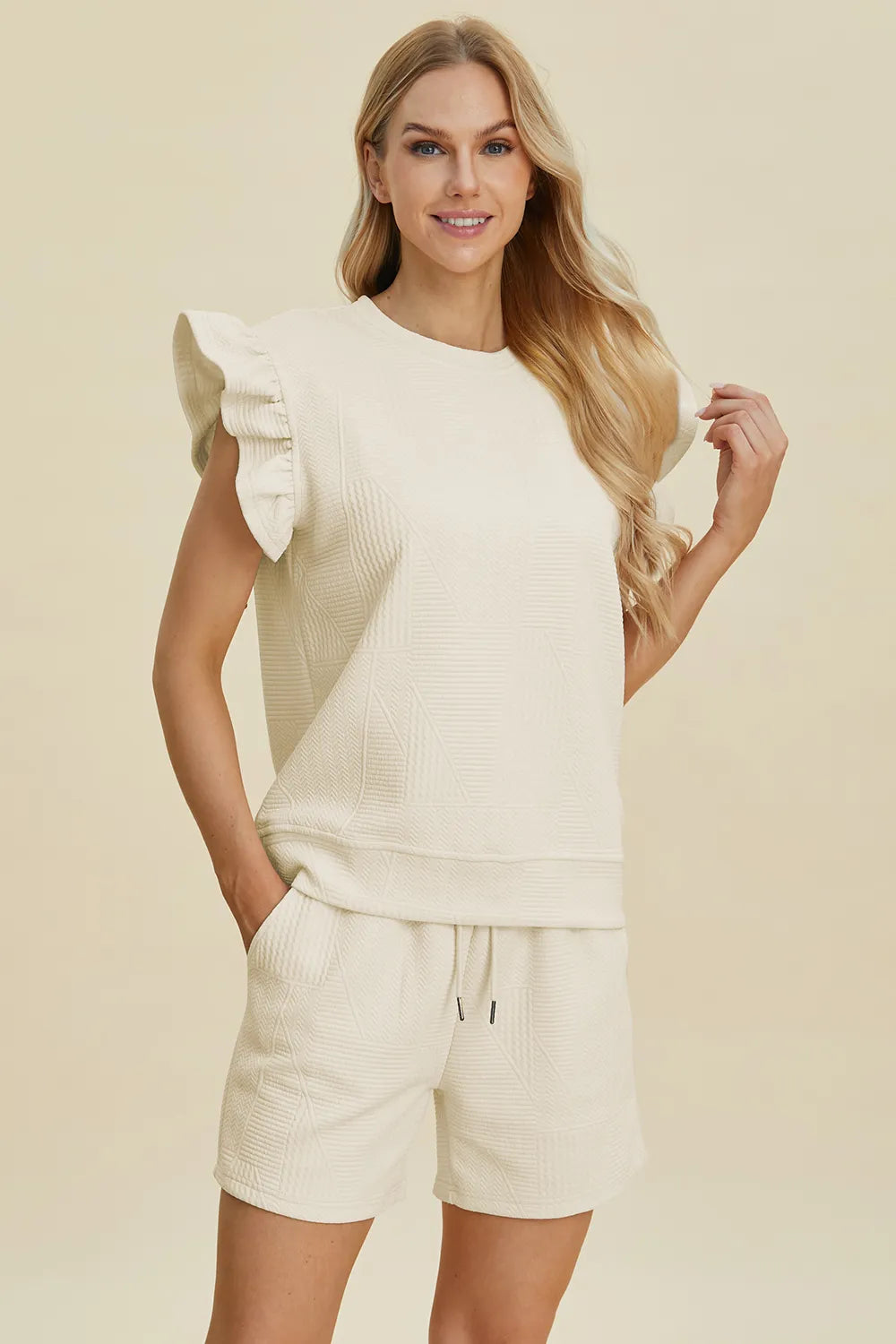 Double Take Full Size Texture Round Neck Ruffle Sleeve Top and Shorts Set-Boohh