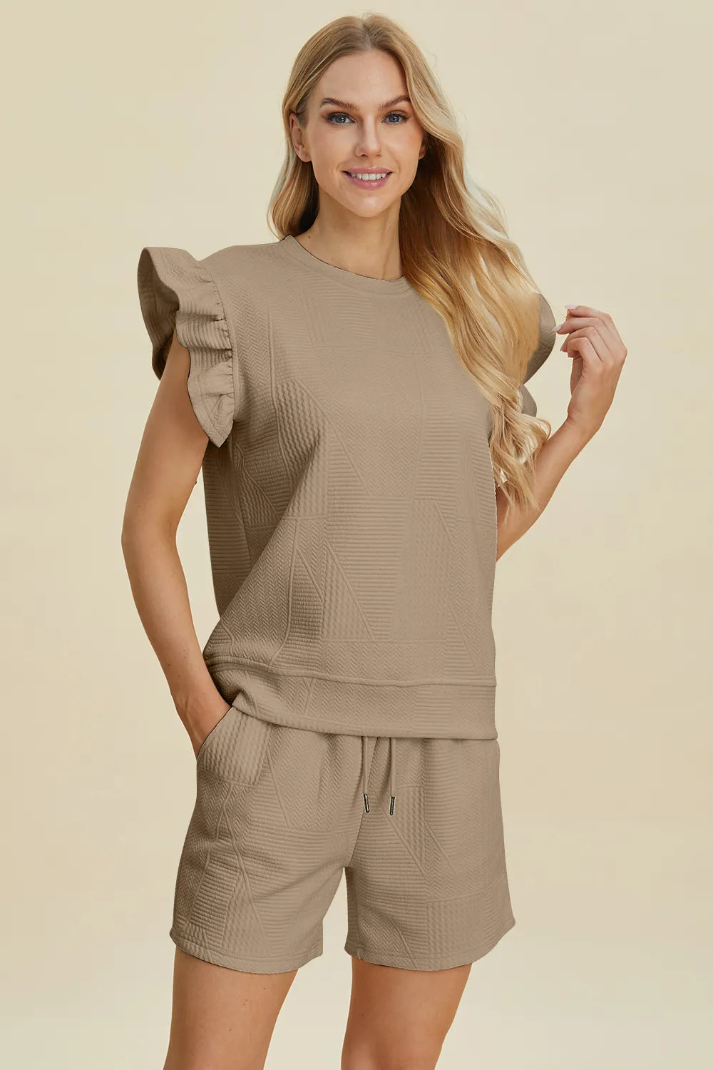Double Take Full Size Texture Round Neck Ruffle Sleeve Top and Shorts Set-Boohh