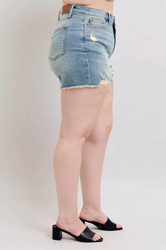 Judy Blue Full Size High Rise Washed Fly Stitch Detail and Destroy Denim Shorts Plus Size-Boohh