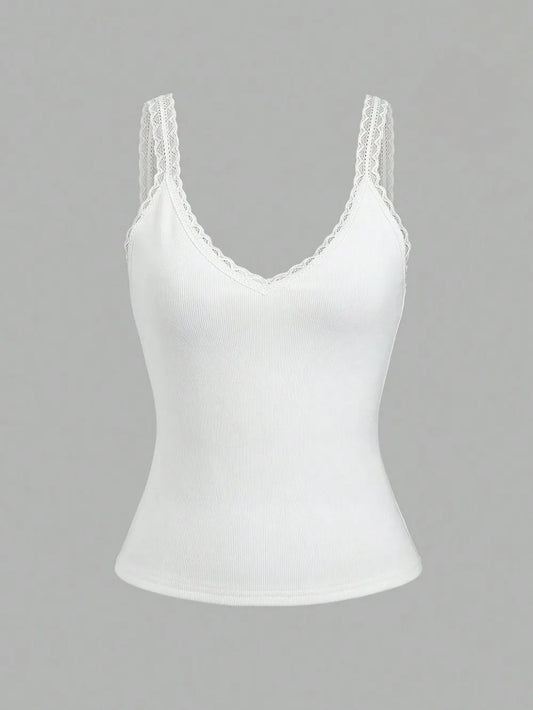 Lace Detail V-Neck Wide Strap Tank-Boohh