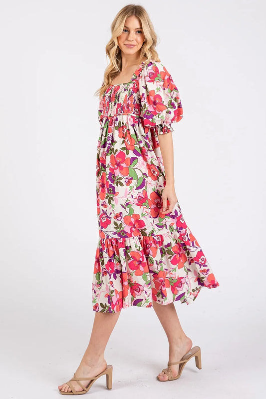Mittoshop Flower Print Puff Sleeve Ruffle Smocked Midi Dress-Boohh