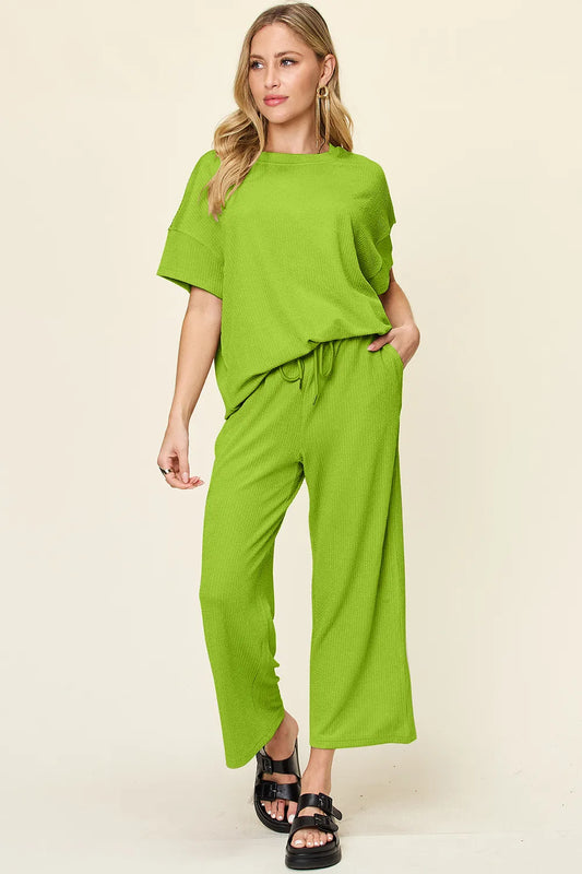 Double Take Full Size Texture Round Neck Short Sleeve T-Shirt and Wide Leg Pants-Boohh